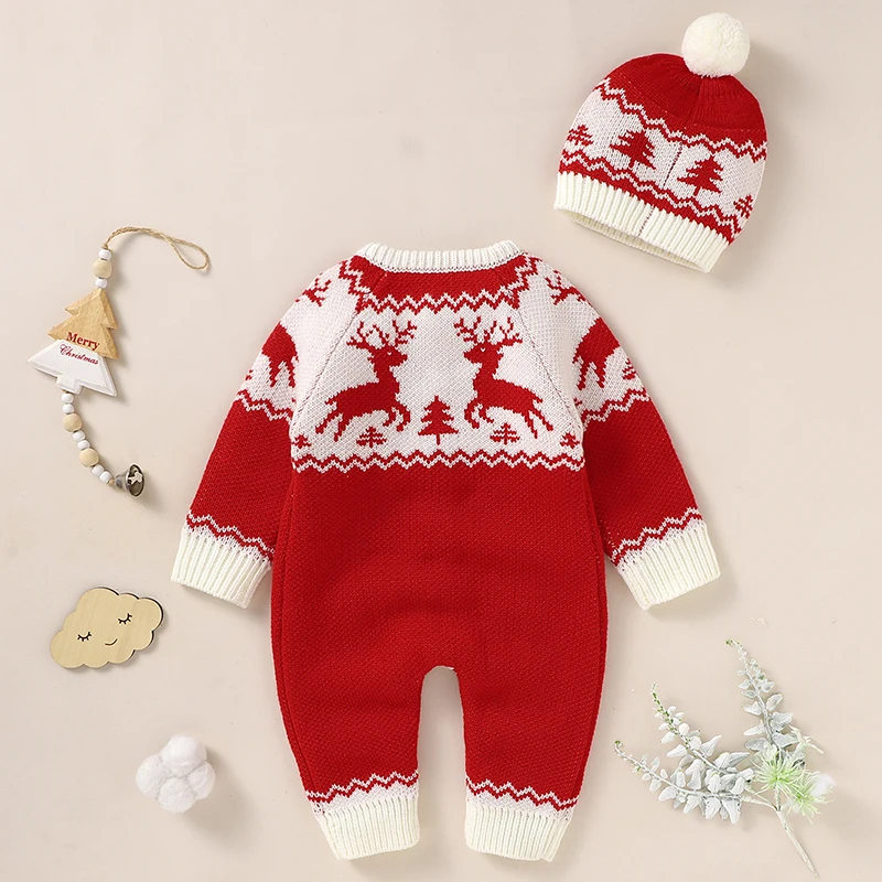 Christmas Knit Elk Romper Warm Baby Clothing Newborn Infant Toddler Boy Girl Long Sleeve Jumpsuit + Hat Fall New Year Outfits