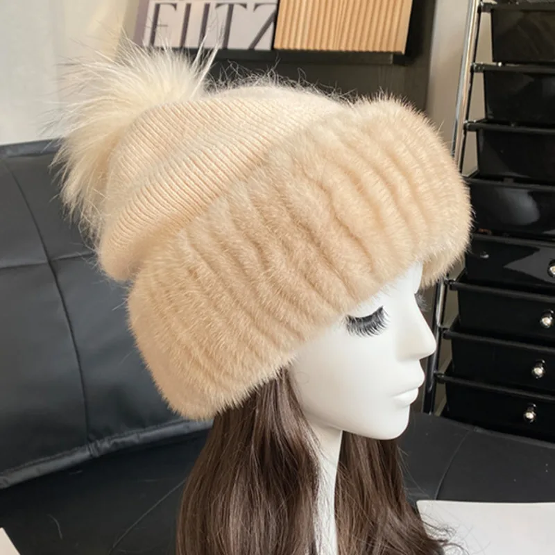 

Mink Fur Knitted Hat With Fox Fur Ball Winter Warm Ear Protection Hat For Women Thicken Female Fur Caps Natural Fur Beanies Hat