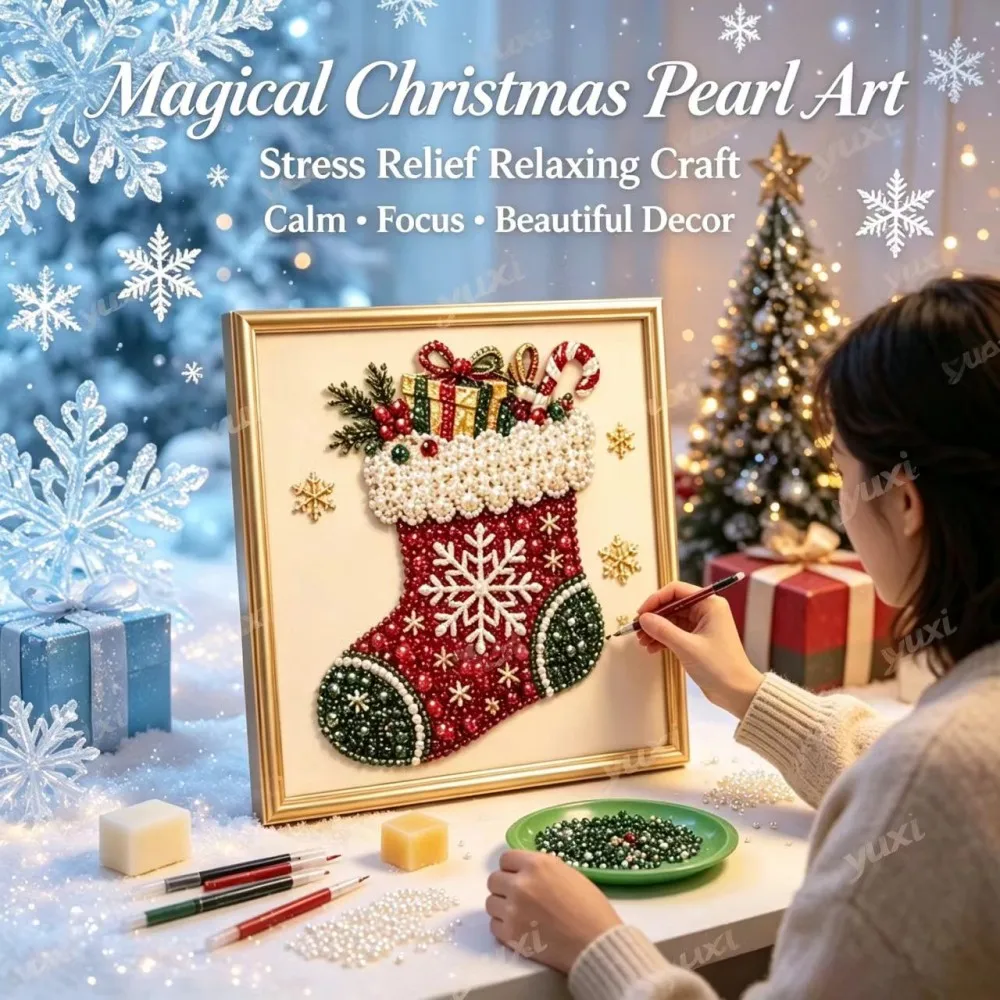 Christmas 5D Pearl Diamond Painting DIY Kit, Snowman Santa Claus Art, Holiday Gift Craft Set Full Drill Home Decor