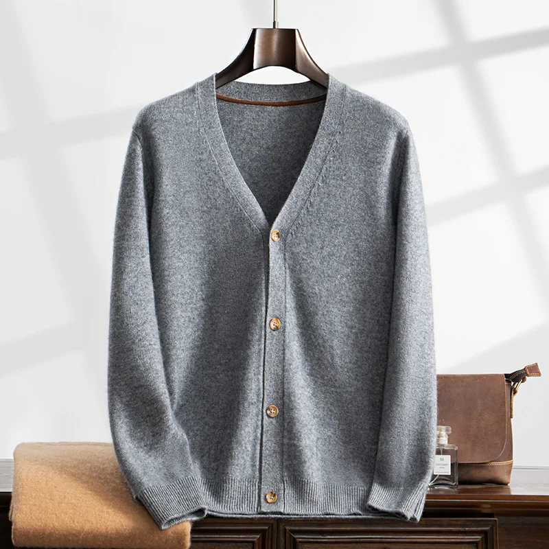 

Мужской 100% кашемировый свитер, кардиган на пуговицах с v-образным вырезом, трикотаж, высокое качество, осенне-зимняя толстая теплая модная офисная верхняя одежда