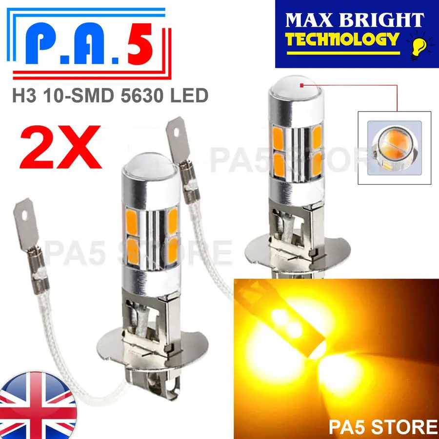 2x YELLOW H3 5630 SMD 10 LED Bulbs - AMBER Car Fog Light Lamp 12V Quality UK