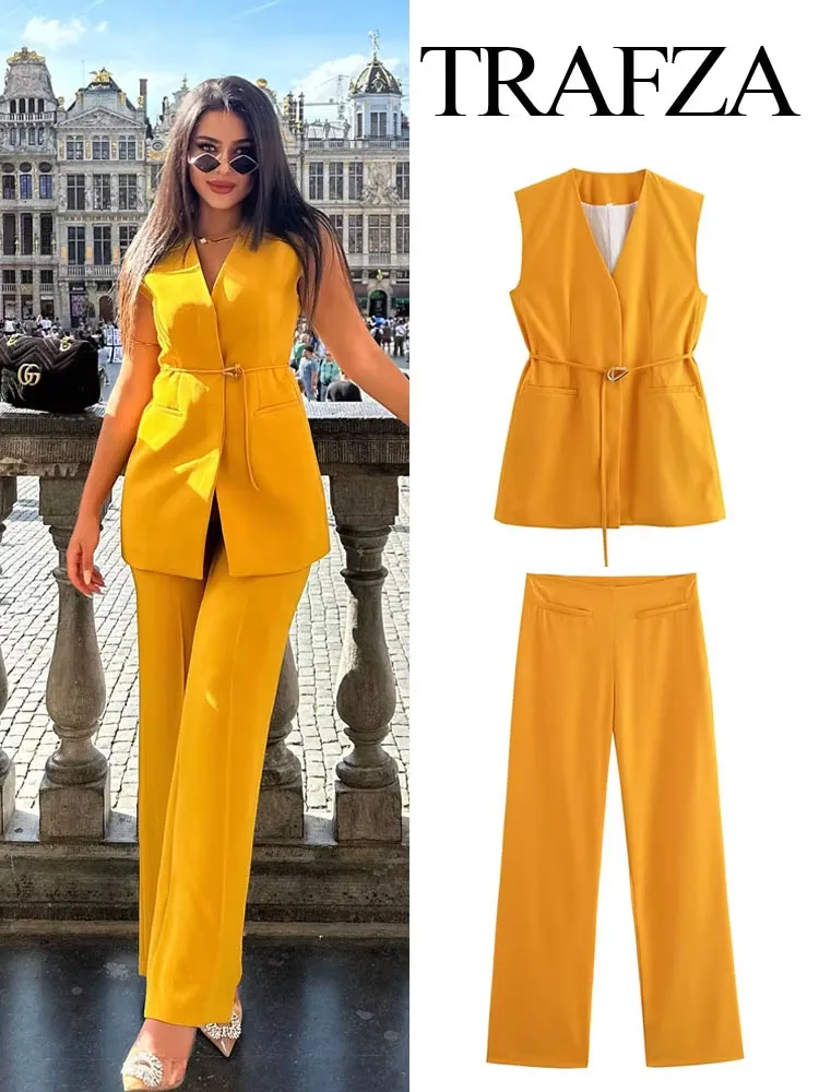 TRAFZA Women Trouser Suit Sleeveless Pocket Belt V-Neck Decorate Vest Top+Solid Side Zip High Waist Loose Casual Wide Leg Pants