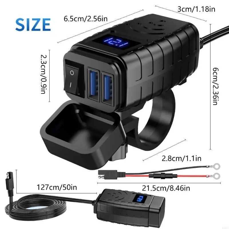 Waterproof Motorcycle Chargers Power Adapter With QC3.0 Quick with Monitor On Off Switches Universal Fit H9EE
