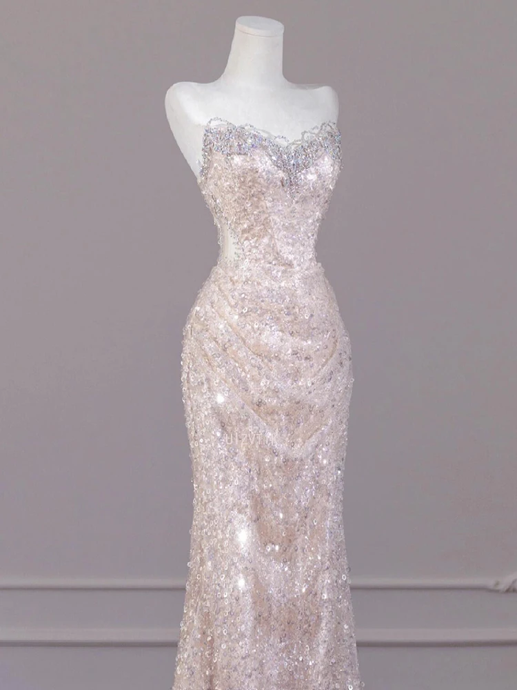 섹시한 샴페인 스팽글 댄스 파티 드레스 연인 Strapless 오픈 백 이브닝 파티 드레스 인어 민소매 공식 행사 드레스