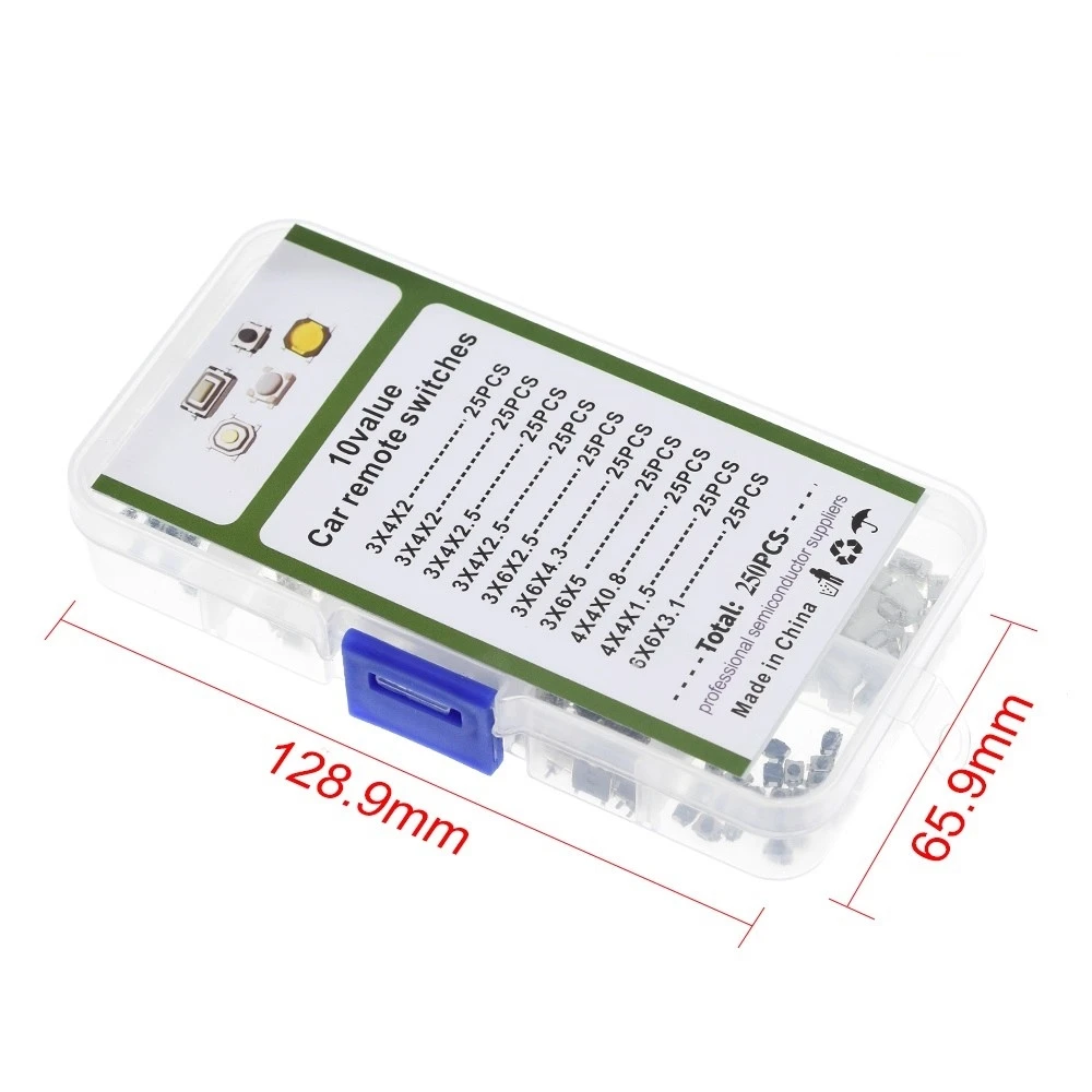 250PCS tactile switches, automotive switch buttons, 10 specifications, 25 pcs of each type of patch switches, totaling 250 pcs