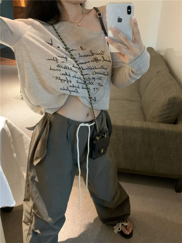 Y2k Long Sleeve T-shirts Women Chic Letter Harajuku Stylish Sun-proof All-match Teens Tops Summer Basic High Street Ladies Tees