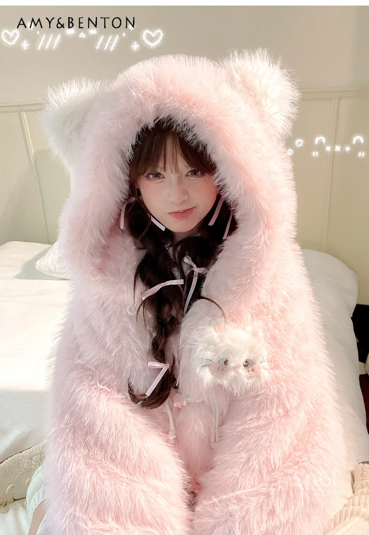 Original Pink Sweet Cute Cat Hooded Plush Jacket Autumn New College Style Kawaii Patchwork Loose Thickened Jackets for Women