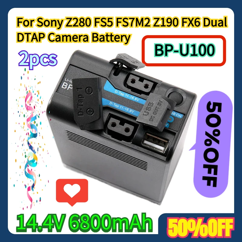 

2pcs For Sony Z280 FS5 FS7M2 Z190 FX6 Dual DTAP Camera Battery BP-U100 Battery 14.4V 6800mAh