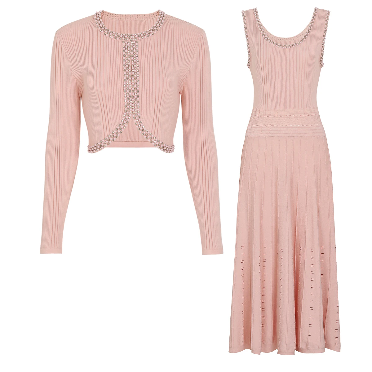 26288Women 2Pcs Outfit Round Neck Long Sleeve Short Knit Cardigan Rhinestone Pearl Decor Sleeveless Midi Dress Elegant Party Set