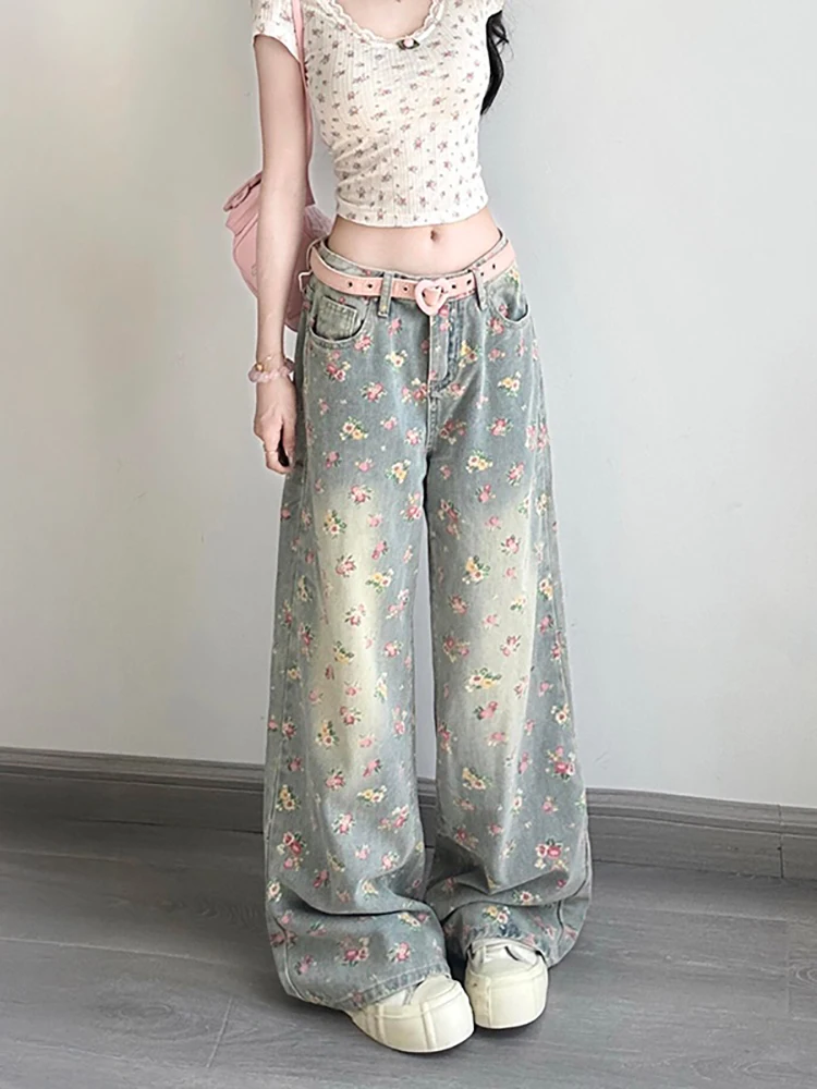 

American Retro Printed Jeans For Women Fashion High Waist Buckle Straight Leg Pants Elegant Patchwork Loose Denim Floor Trousers