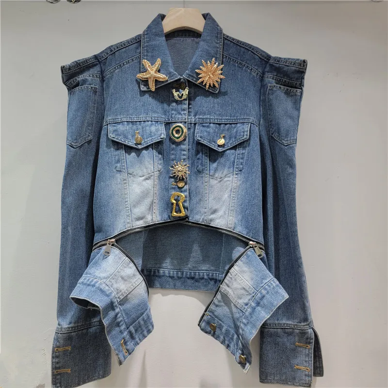 WTHT 2026 Spring Fashion Women's Metal Buckle Zipper Design Denim Jacket Trendy New Lapel Long Sleeves Coat Female 1LS2855