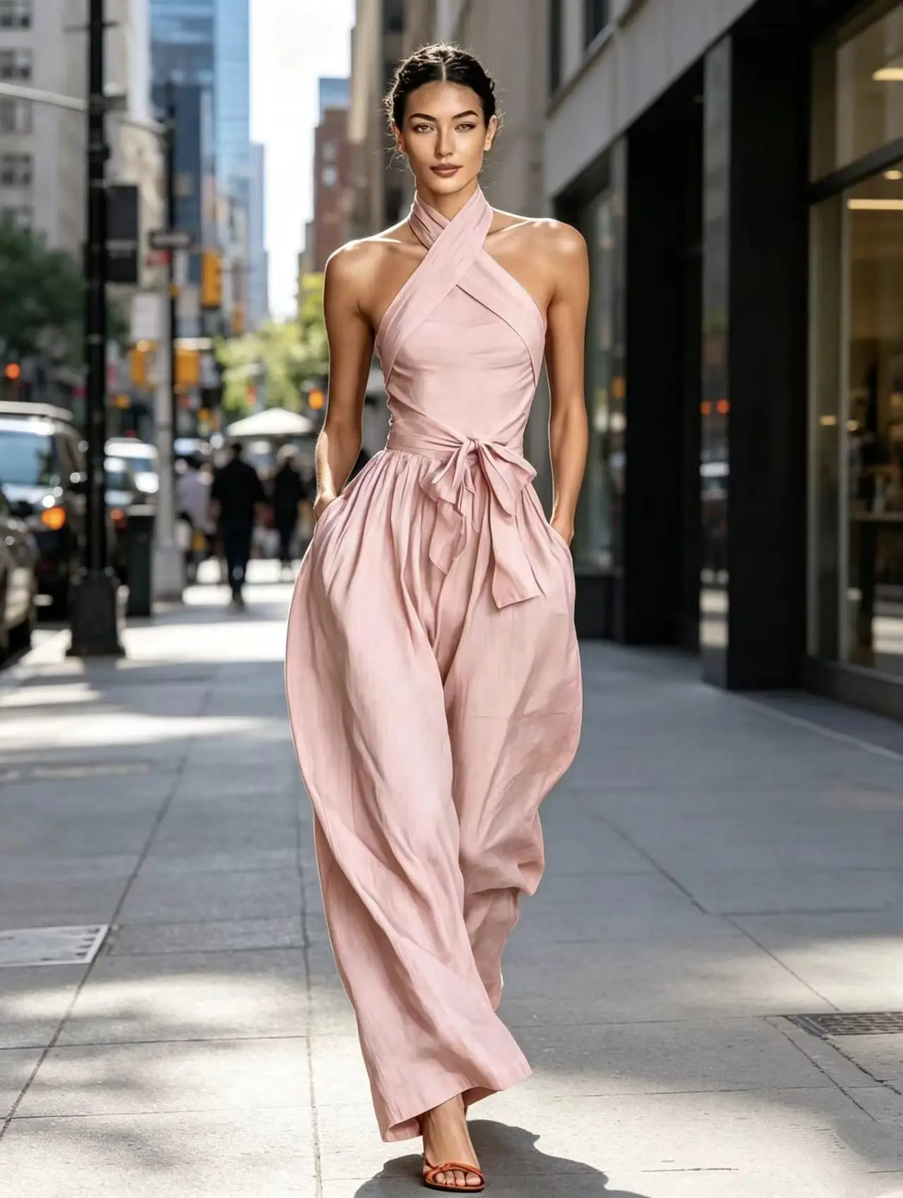 Women's Halter Neck Cross Tie Waist Open Back Wide Leg Jumpsuit Sleeveless With Pockets Elegant One-Piece Pants