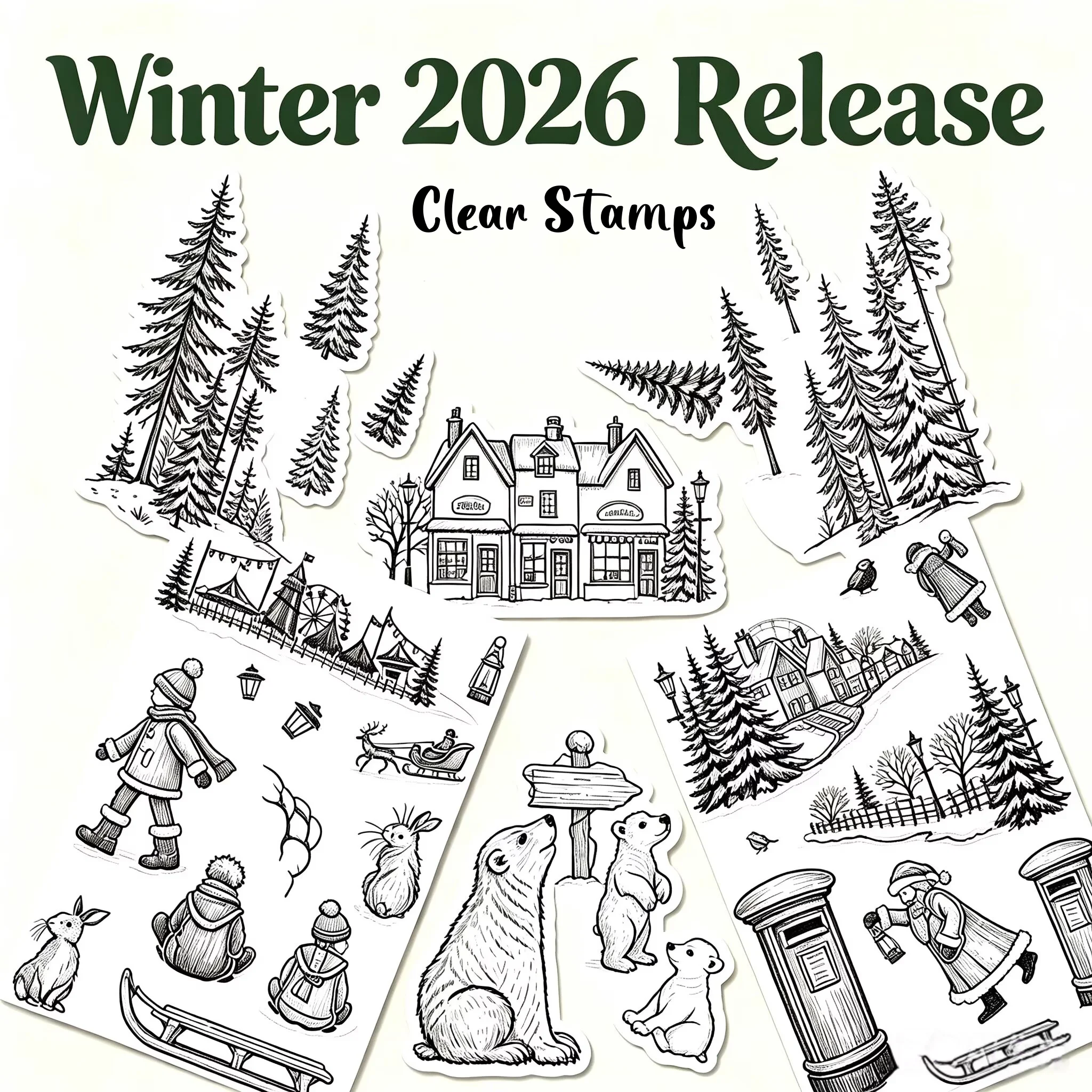 Newest Christmas Secret Santa Festive Forest Window Shopping Clear Stamps Textured Slopes Stencil for DIY Making Card Scrapbook