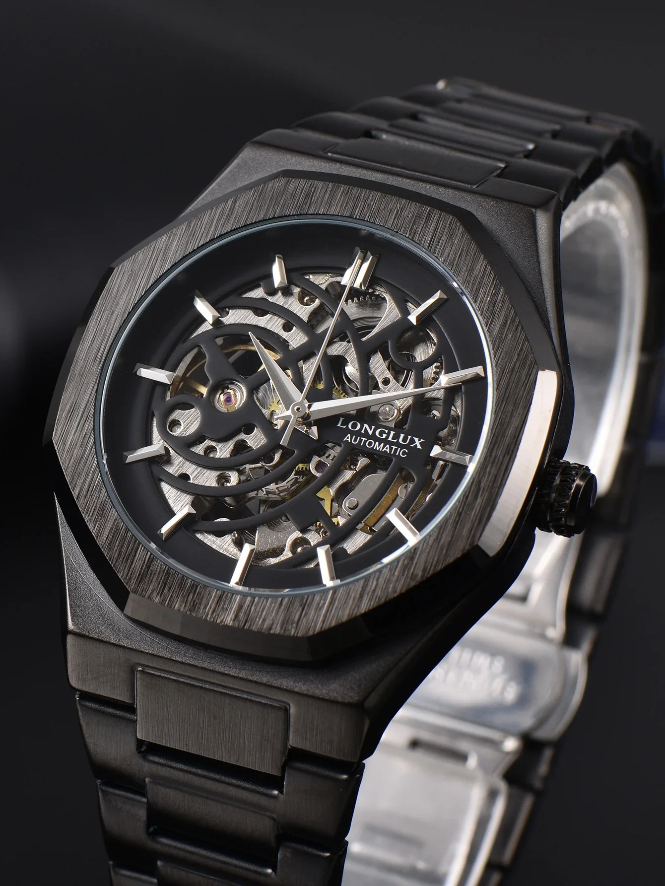 LONGLUX Automatische Uhr Business Mechanische Uhren Einfaches Skelett-Design Wasserdicht Edelstahl Kostengünstige Herrenuhr Geschenk