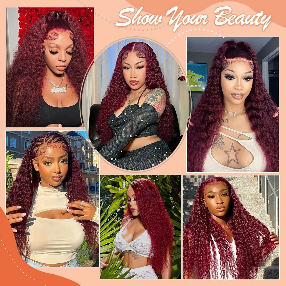 13x6 موجة عميقة HD الدانتيل الباروكة الأمامية شفافة 13x4 99J بورجوندي مجعد الدانتيل الجبهة الباروكات الأحمر اللون عميق متموج خصلات الشعر المستعار الإنسان