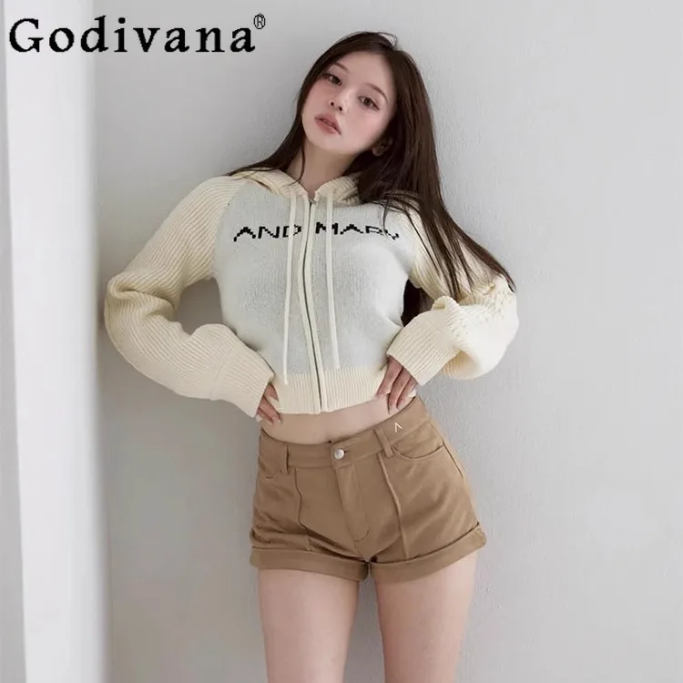 

Japanese Sweet Fashion Knit Cardigan Jacket Vest 2-Piece Set Spring and Autumn New Women's Slim Fit Daily Basic Hooded Knit Coat