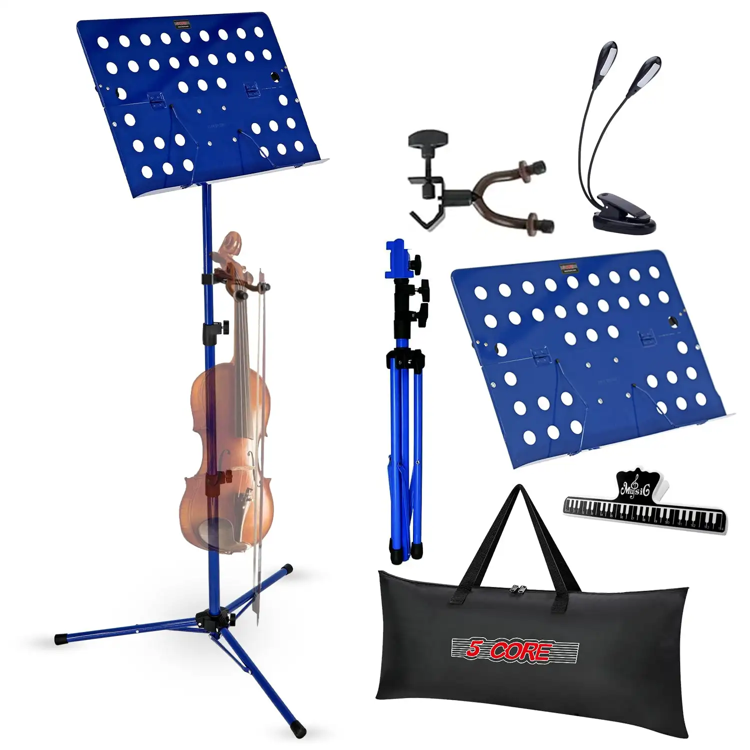 

5 Core Music Stand For Sheet Music Portable Tripod Adjustable Folding Note Holder MUS FLD HD ACC BLU