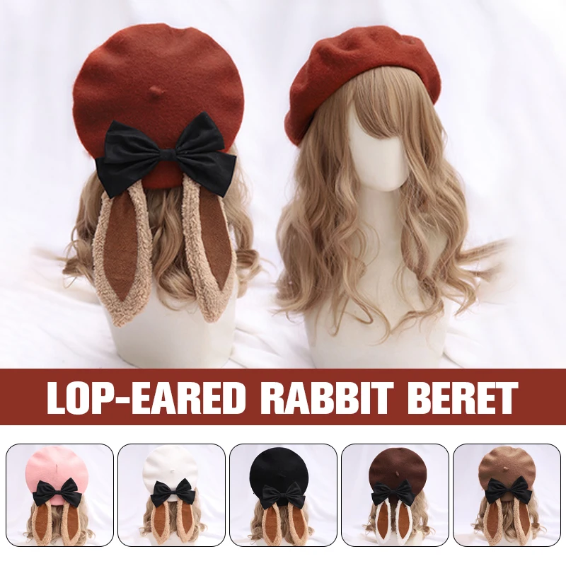 

Harajuku Hand-made The Loppy Eared Rabbit Beret Japanese Lolita Beret Cap Female Sweet Bowknot Hat Pancakes Wool Beret Beanies