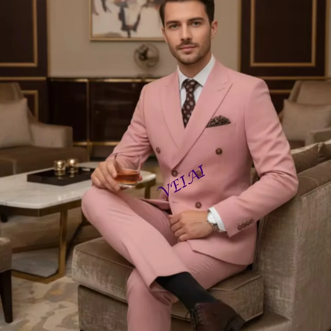 

CustomizedElegant pink Double Breasted Suit Set 2 Piece Business Wedding Outfit Classic Stylish Blazer Pants Modern Trendy