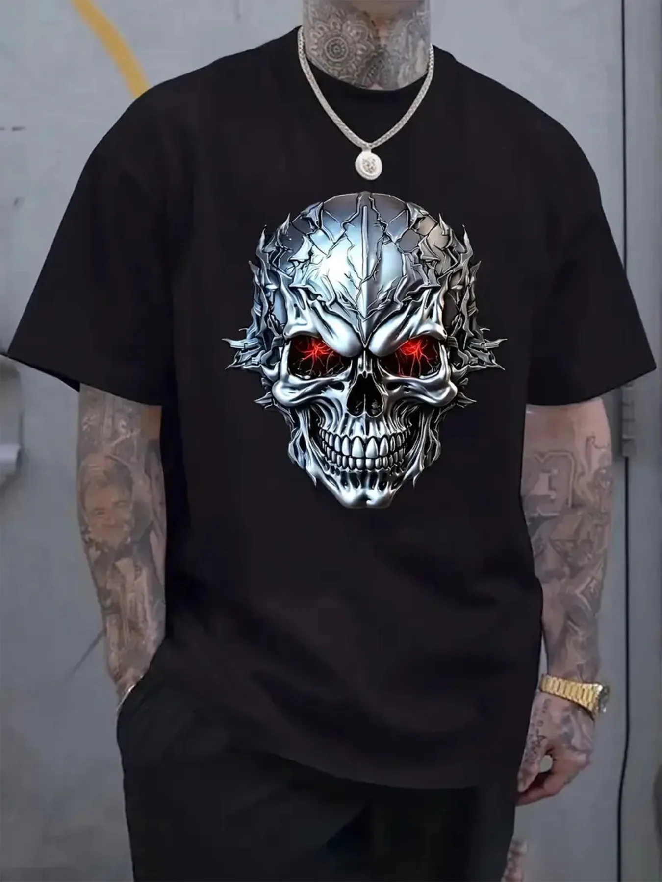 

Men'S Plus Size T-Shirt Made of 100% Featuring a Stylish Skull Design. A Comfortable Short-Sleeve Tee Perfect for Summer Wear