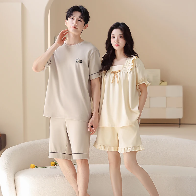 

Пижамный комплект для пары, летний, мужской и женский, 100% хлопок, повседневные пижамы с коротким рукавом