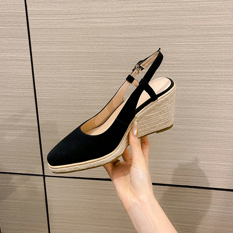 

Women’s Suede Wedge Sandals Shoes Thick Platform Heel Sandals Elegant Lady Summer Hemp Espadrilles Sandals Apricot High Heel