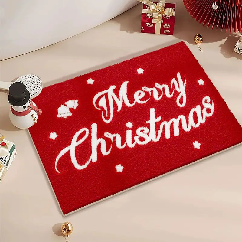 VIKAMA Bathroom Floor Mat Merry Christmas Red Script Text Rug with Ornament Star Ball for Tub Shower Winter Holiday Home Decor