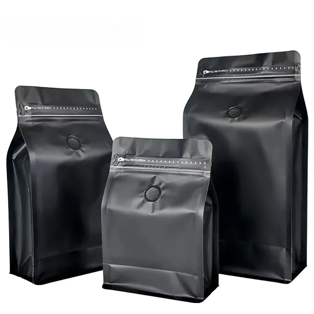 50pcs Matte Black 100g 250g 500g 1kg Roast Coffee Bean Powder Plastic Packaginge Bags with valve and Resealable Zipper