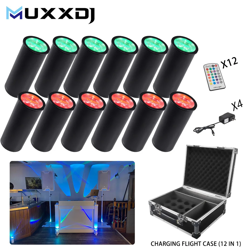 MUXXDJ 12pcs With Case Chroma Cannons 1pcs 15W RGBWA UV LED RF Remote Battery Mini Wireless DMX Effect For Wedding Party Events