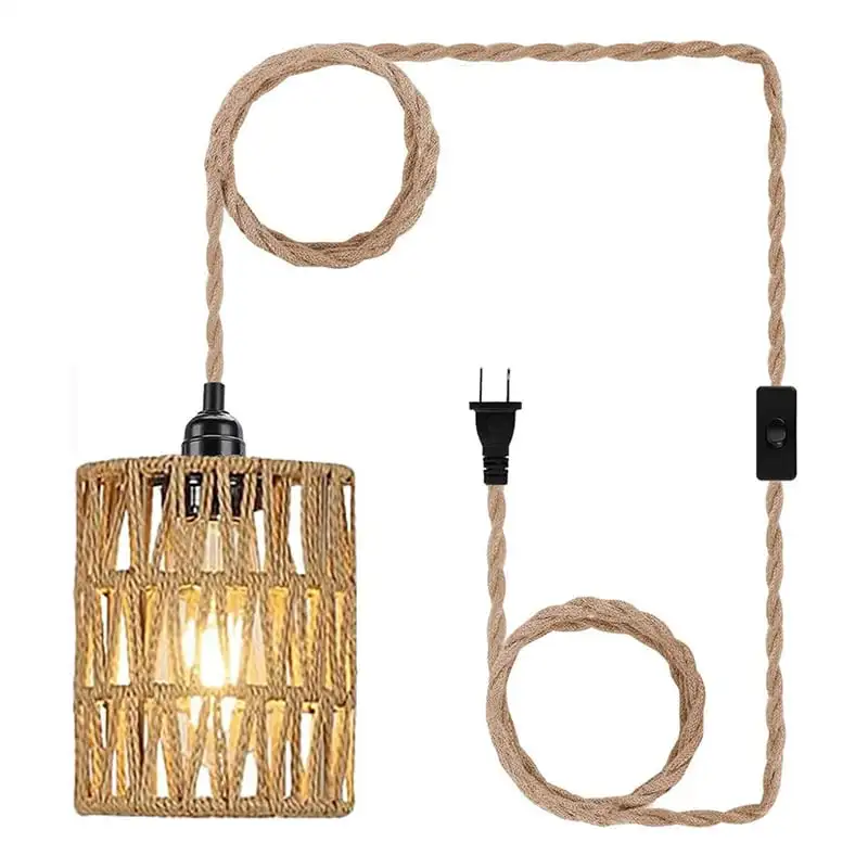 

Boho EU Plug in Pendant Light Single Head Hanging Light with Plug in Cord Ceiling Lamp Rattan Cylinder Lamp Shade on/Off Switch