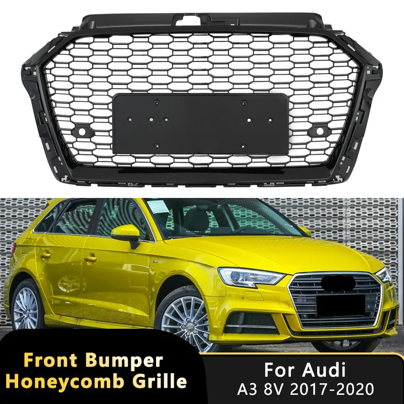 

Honeycomb Grille Car Front Bumper Grill For Audi A3 8V 2018-2020 Glossy Black RS3 Style With Quattro High Quality Racing Grills