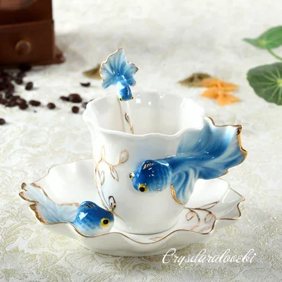 3D Goldfish Enamel Coffee Mug Cup Porcelain Tea Milk Copo Set Caneca Criativa Creative Ceramic European Bone China Drinkware