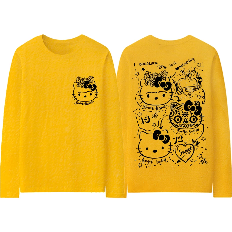 100% cotton cartoon Hello Kitty T-shirt new long-sleeved men's/women's couple T-shirt Sanrio top women's clothing 50% discount