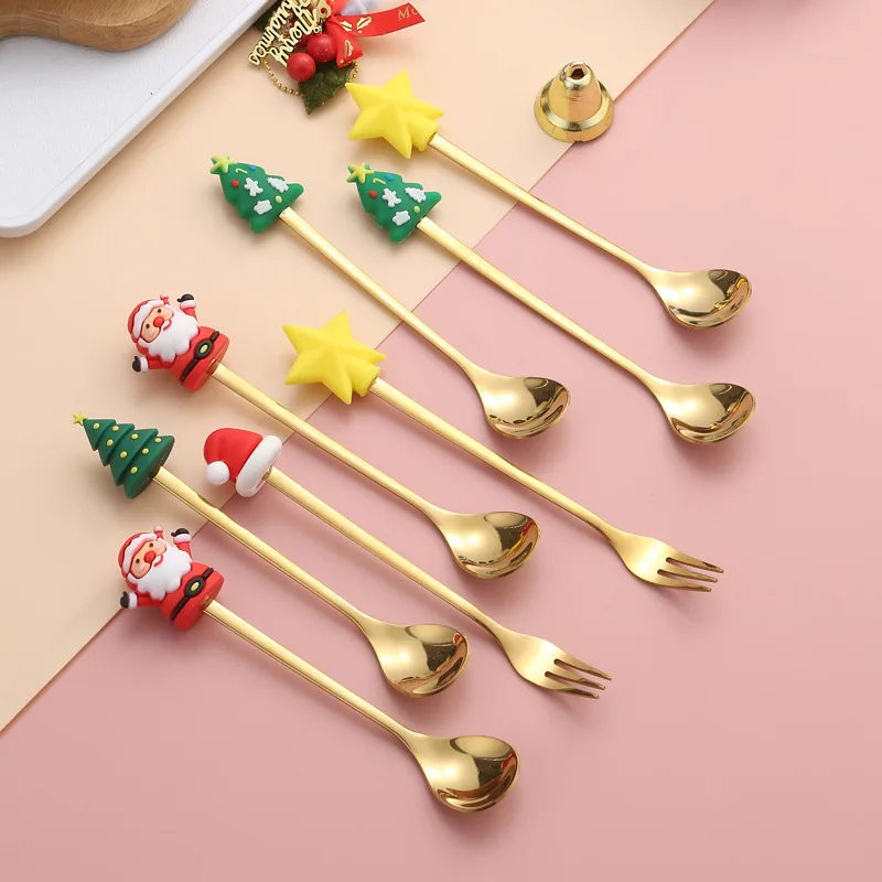 

Christmas stainless steel spoon and fork set, cute cartoon dessert spoon and fruit fork tableware gift box, Santa Claus
