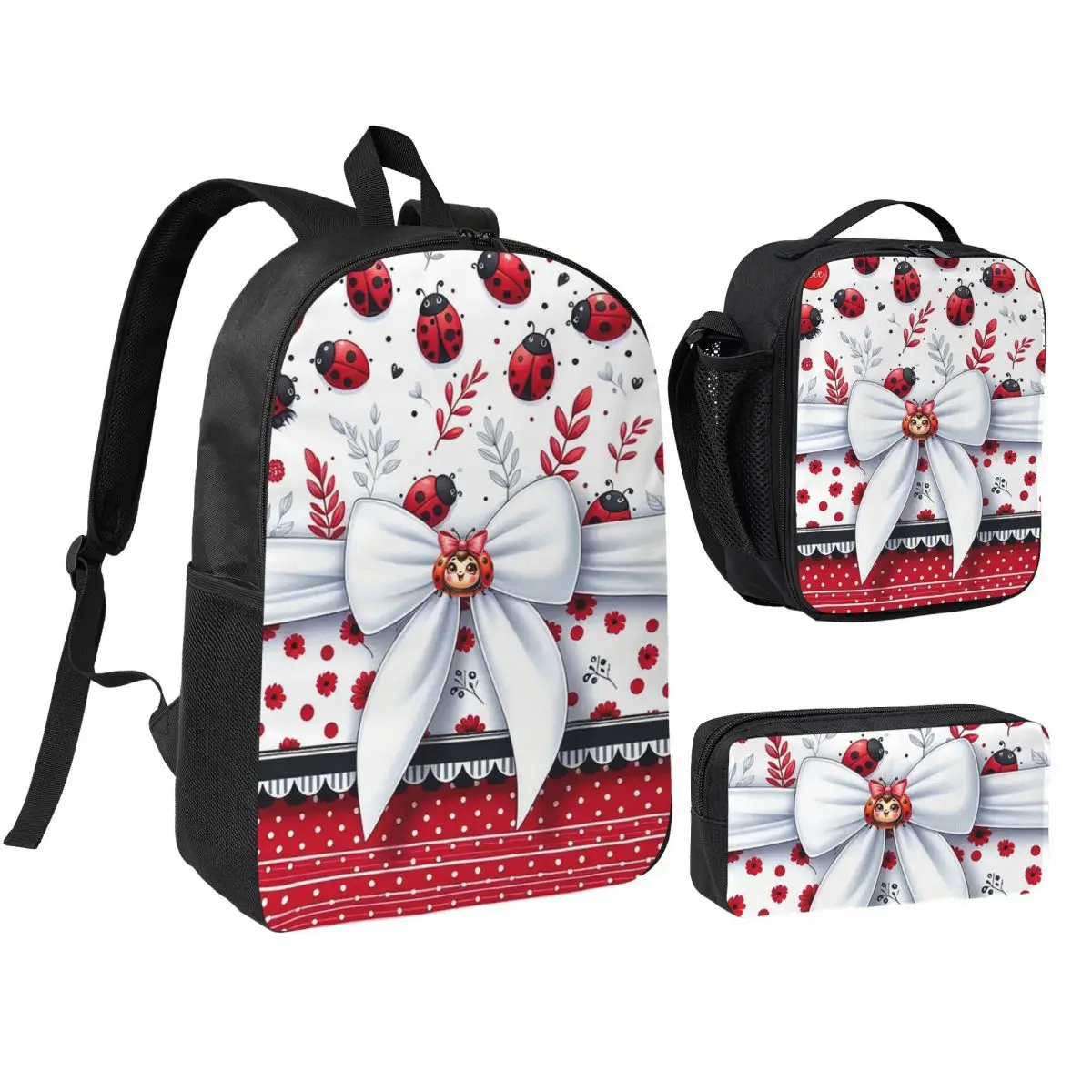 Cute Ladybug And Red White Polka Dots Backpack Student BookBag School Bag Shoulder Bags 3ps Insulated Lunch Bag Pencil Case