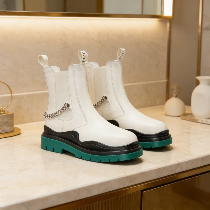 Men Platform Chelsea Boots British Style Thick Sole High Top Waterproof Casual Shoes for Men Leather Boots with Chain