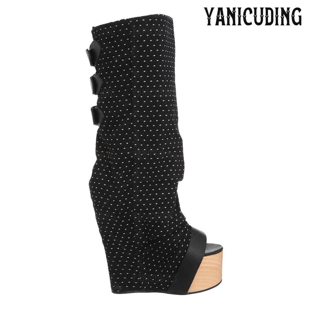 منصة إسفين صندل الأحذية جولة المفتوحة تو التوى حذاء برقبة للركبة أبيض وأسود البولكا نقطة حزام مشبك أحذية الصيف للنساء