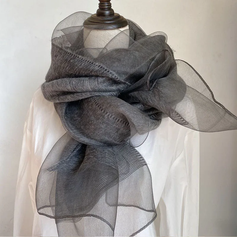 

Autumn Thin Double-layer real Silk Blended Scarf for Women Simple Fashion Solid Color 70*200cm Silk Scarfs Shawl for Women