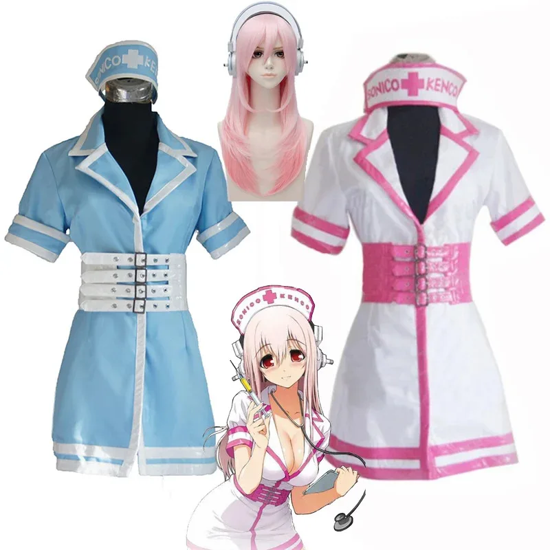 2020 Super Sonico SONICOMI uniforme de enfermera traje de Cosplay Supersonico 60cm de largo pelo rosa degradado peluca de Cosplay resistente al calor