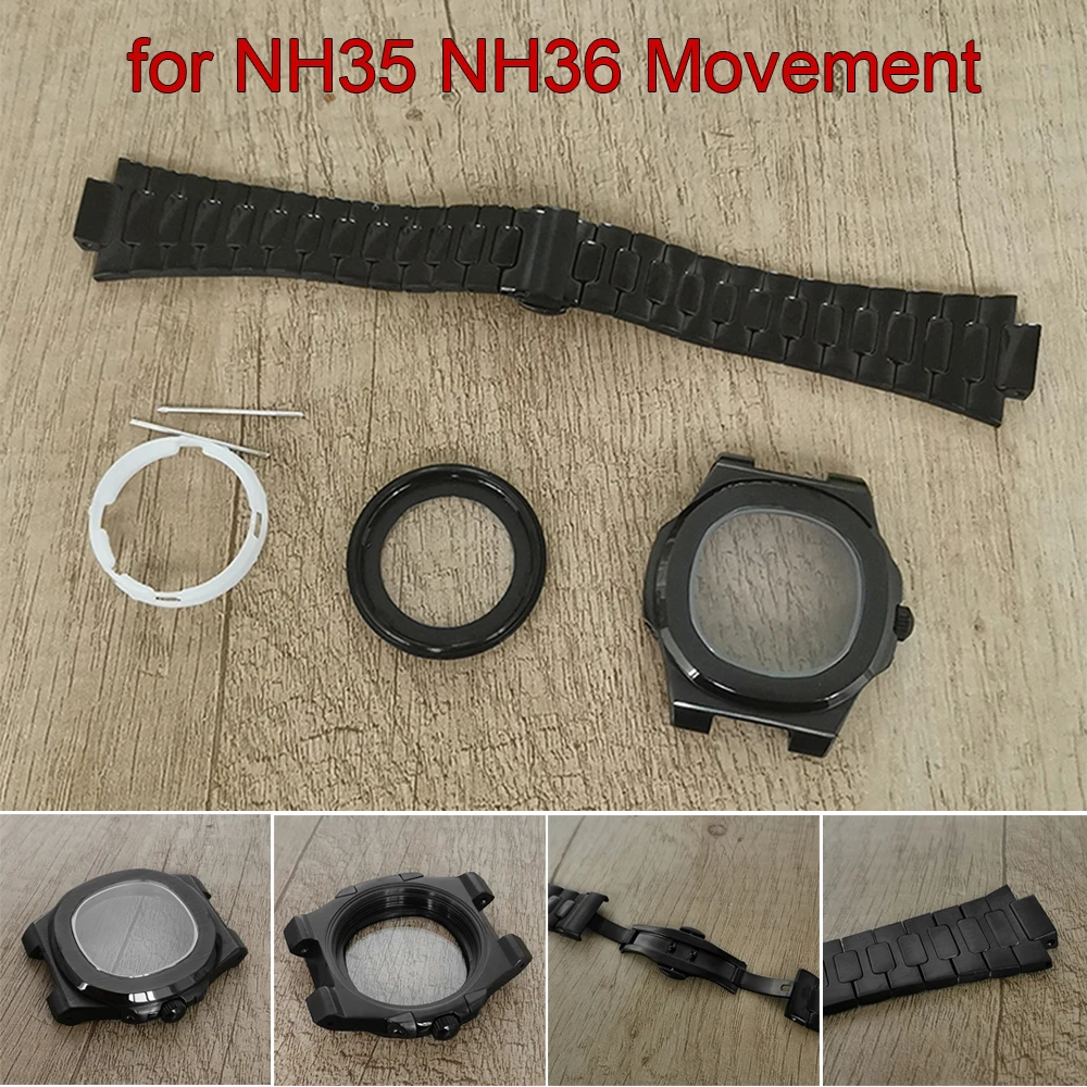 

41mm Black Watch Case + Strap for NH35 NH36 Movement Sapphire Glass Transparent Bottom Stainless Steel Case Watchband Part
