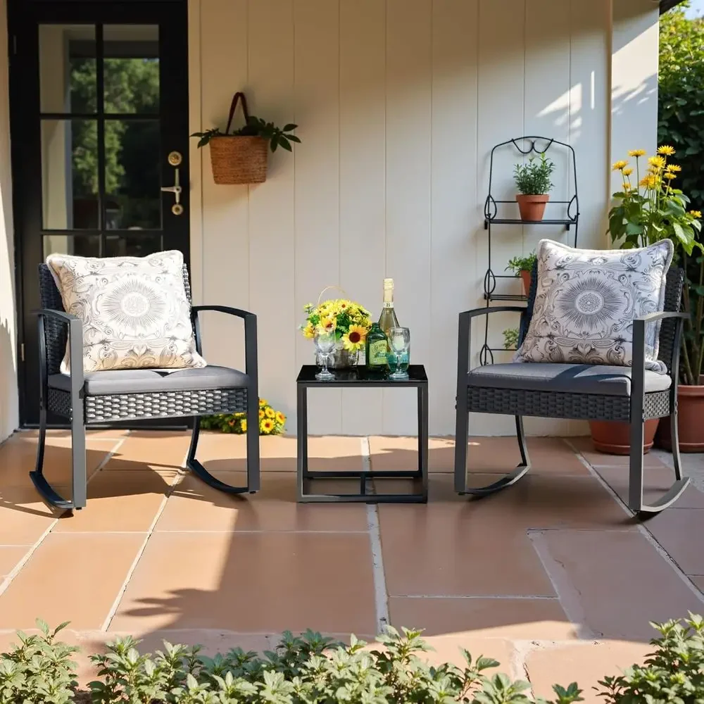 All-Weather 3-Piece Patio Rocking Chair Set with Cushions and Coffee Table (Gray)