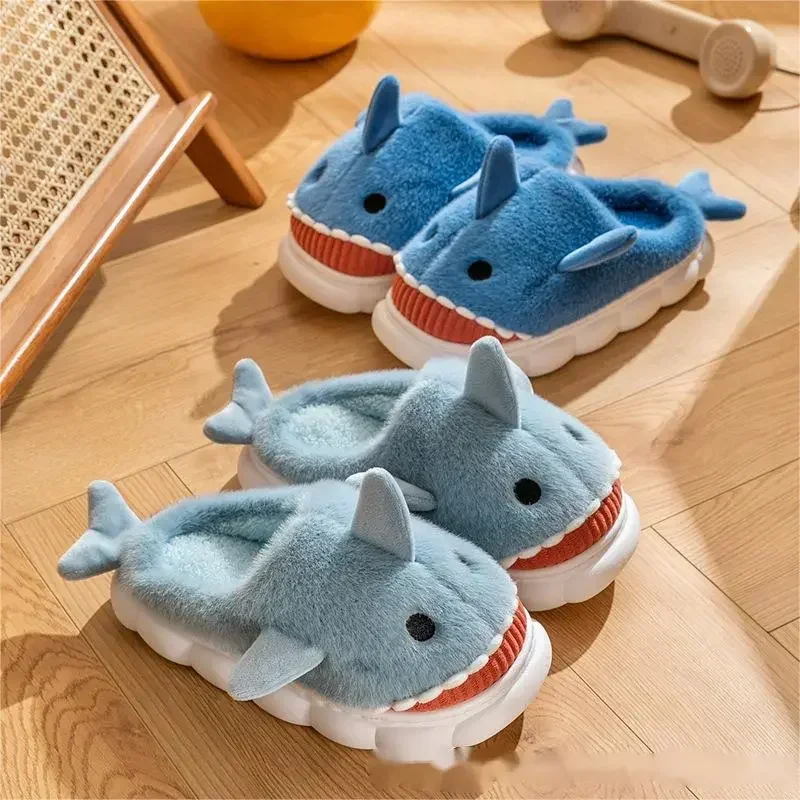 2024 Stereo Shark Cute Padded Thickened Non-slip Mute Home Warm Shoes Cotton Slippers Female Winter Net Red