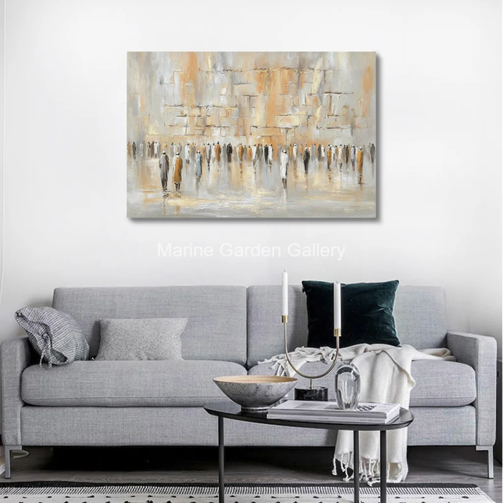 Handmade Gold Beige Abstract Kotel Oil Painting Jerusalem Western Wall Textured Canvas Art Modern Decor for Jewish Living Room