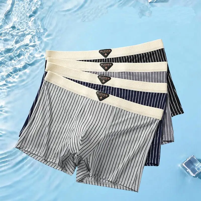 

4 pcs Men's Boxer Ice Silk Underwear Striped Breathable Antibacterial Man Underpants Boxers Shorts Male Panties