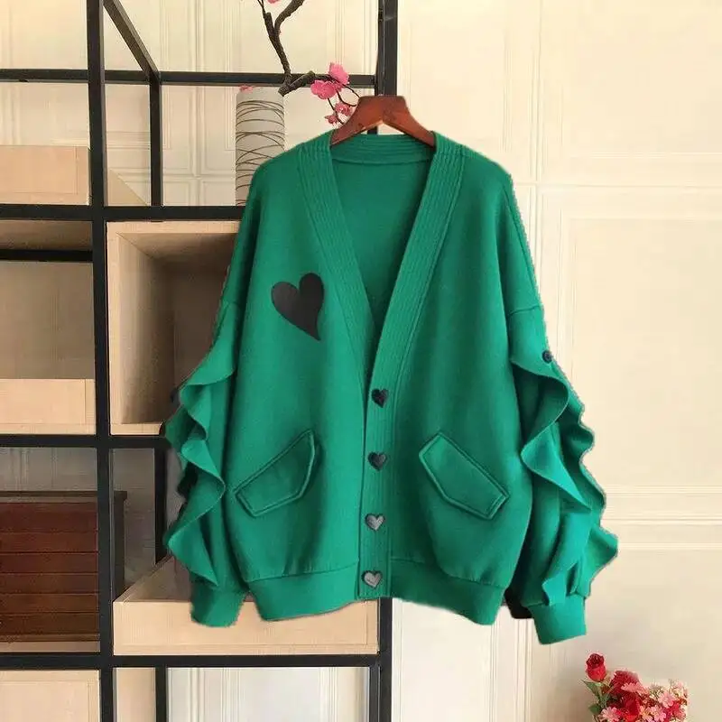 

Женская корейская модная толстовка с оборками и принтом, осенняя шикарная куртка с v-образным вырезом и длинными рукавами и карманами, Sudaderas De Mujeres