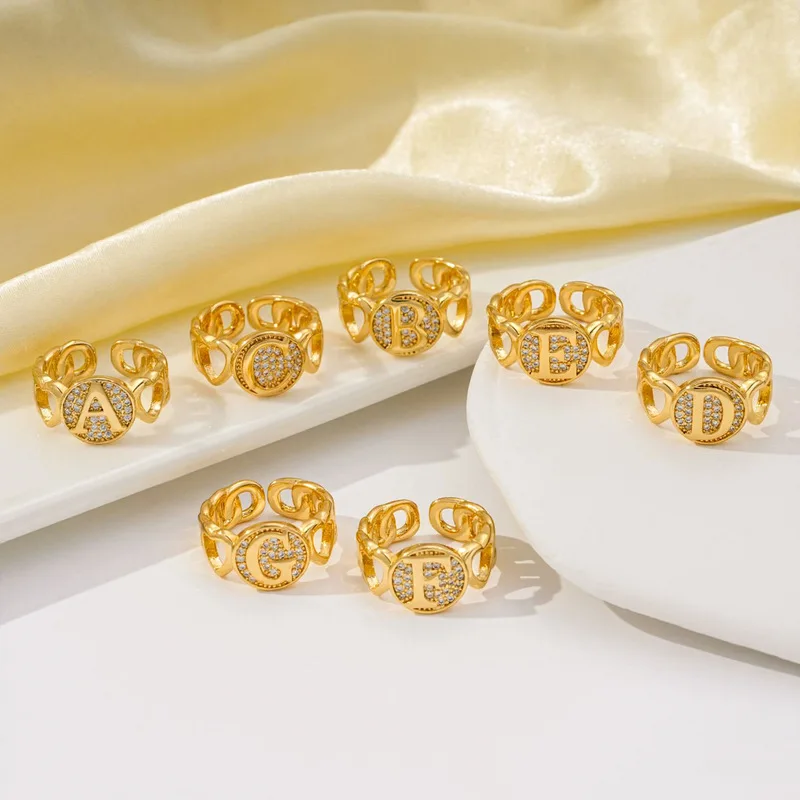 Cross-border new European and American style micro-set cubic zirconia 26-letter English alphabet ring, elegant golden women's hi