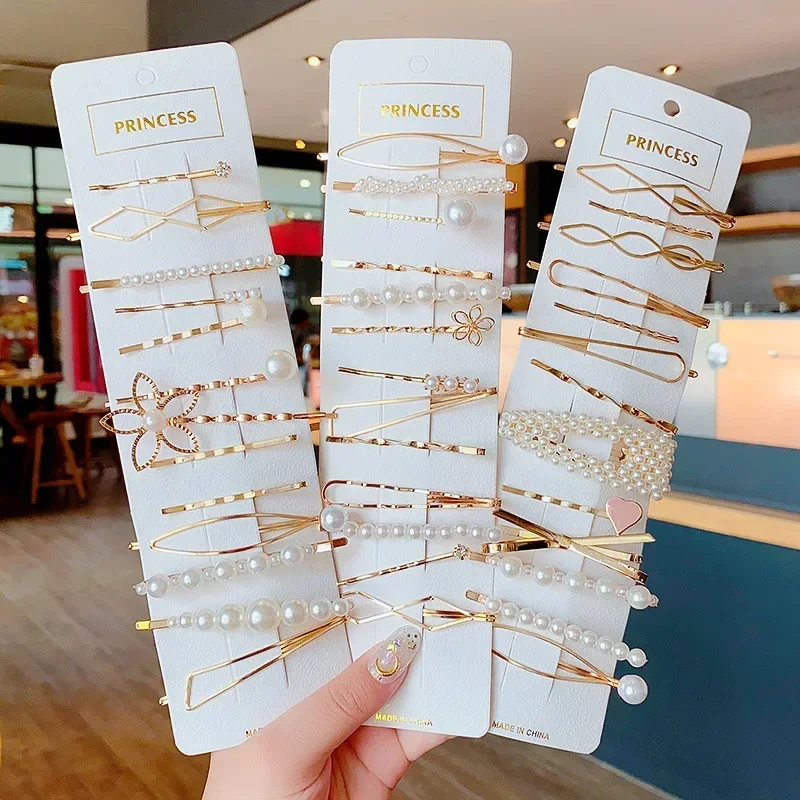 3/4/5 unids/set de pinzas para el cabello de perlas a la moda para mujer, horquillas simples para chica dulce, pasadores de aleación hechos a mano, accesorios para el cabello