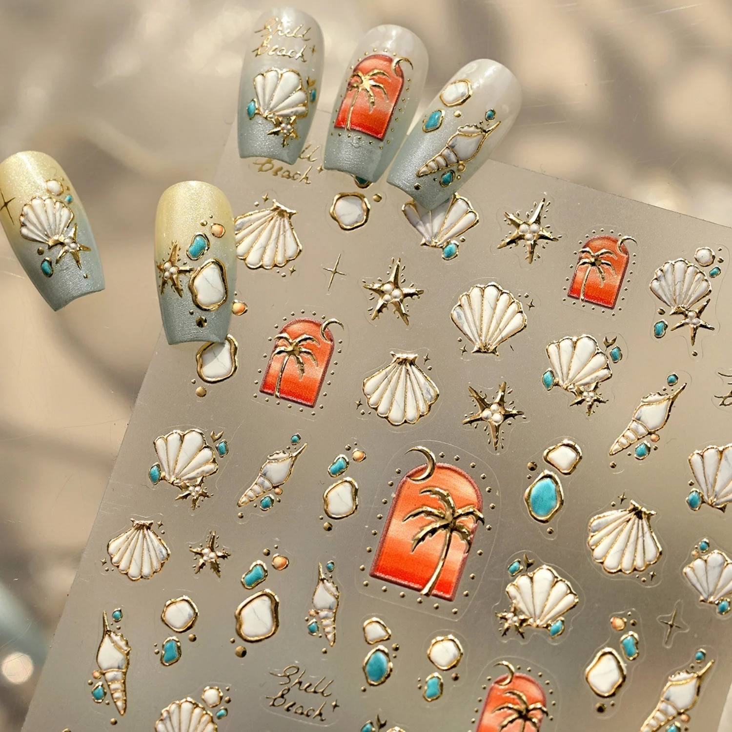 Meeresmuschel Kokospalme Resort Ozean Sommer Strand Weiße Muschel Seestern 5D Nagelkunst-Aufkleber Selbstklebende Nagelsticker