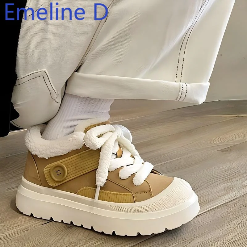 Unisex Thick Soled Height Increasing Sleeve Snow Boots Simple Style and Front Tie Round Toe Warm and Casual Flat Ankle Boots