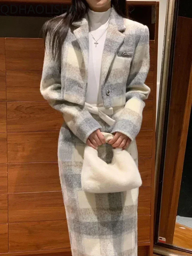 Sets for Women 2 Pieces Autumer Grey Plaid Woolen Lapel Collar Long Sleeve Half Skirt Set Elegant Sweet Temperament Casual Suit